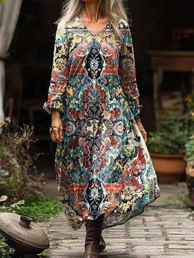 Vintage Floral Art Print V Neck Elegant Chic Loose Long Sleeve Midi Dress A / S