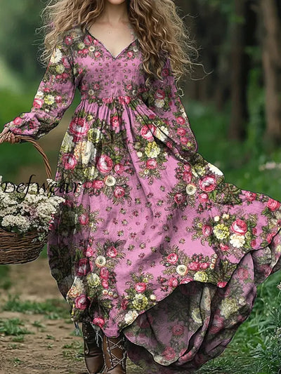 Vintage Floral Art Print V Neck Elegant Chic Loose Long Sleeve Midi Dress A / S