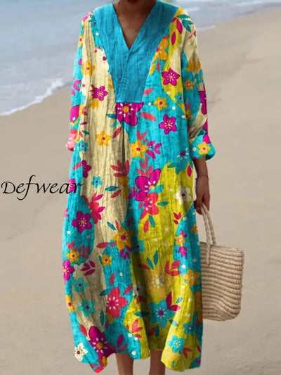 Vintage Floral Art Print V Neck Elegant Chic Loose Long Sleeve Midi Dress A / S