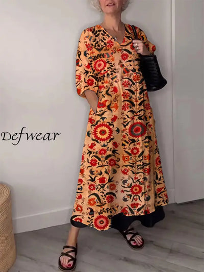 Vintage Floral Art Print V Neck Elegant Chic Loose Long Sleeve Midi Dress A / S