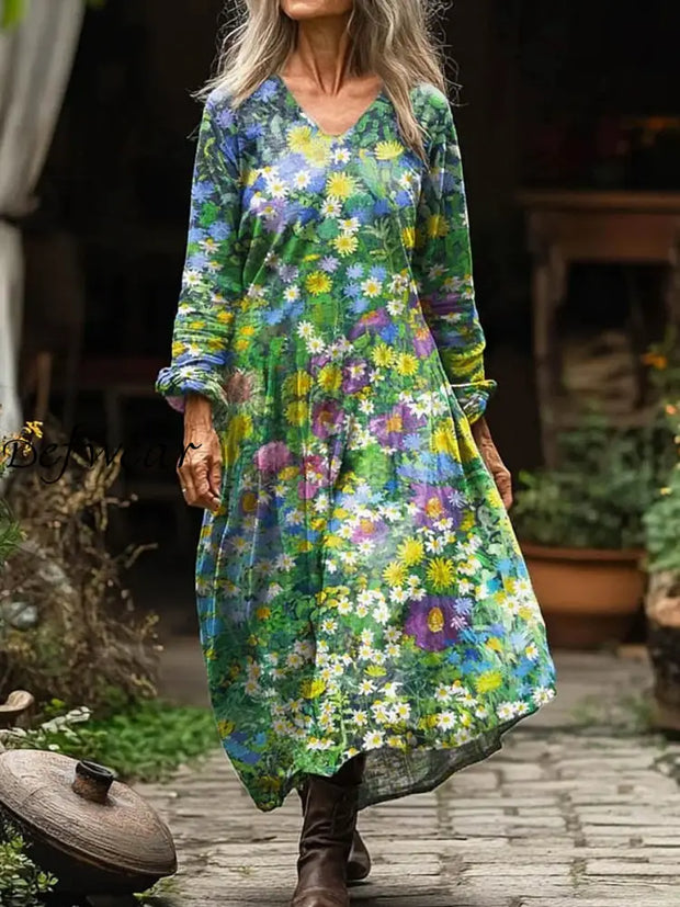 Vintage Floral Art Print V Neck Elegant Chic Loose Long Sleeve Midi Dress A / S