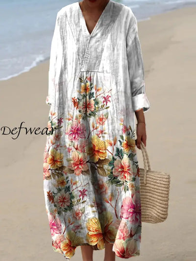 Vintage Floral Art Print V Neck Elegant Chic Loose Long Sleeve Midi Dress A / S