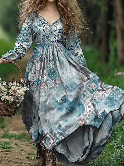 Vintage Floral Art Print V-Neck Elegant Chic Loose Long Sleeve Midi Dress A / S