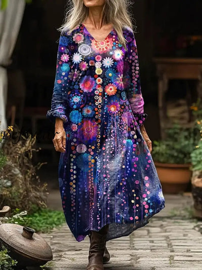 Vintage Floral Art Print V Neck Elegant Chic Loose Long Sleeve Midi Dress A / S