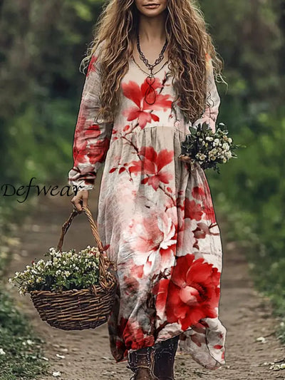 Vintage Floral Art Print V-Neck Elegant Chic Loose Long Sleeve Midi Dress A / S