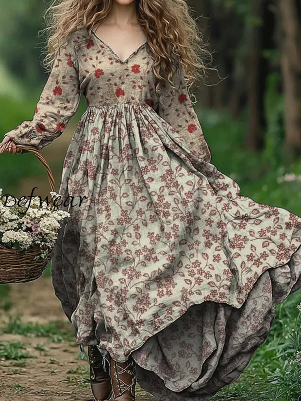 Vintage Floral Art Print V-Neck Elegant Chic Loose Long Sleeve Midi Dress A / S