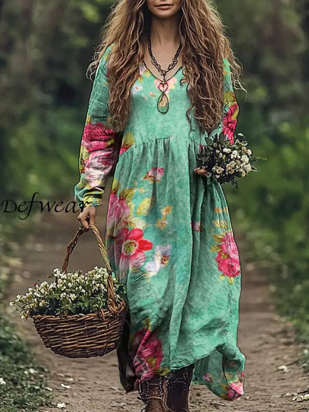 Vintage Floral Art Print V-Neck Elegant Chic Loose Long Sleeve Midi Dress A / S