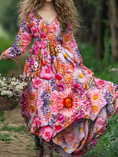 Vintage Floral Art Print V Neck Elegant Chic Loose Long Sleeve Midi Dress A / S