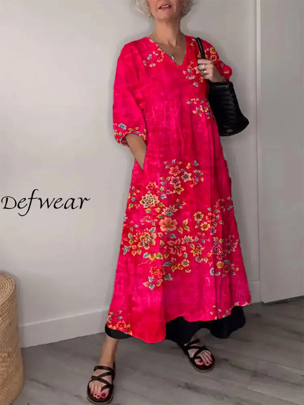 Vintage Floral Art Print V Neck Elegant Chic Loose Long Sleeve Midi Dress A / S