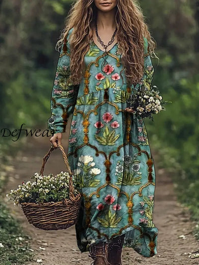 Vintage Floral Art Print V-Neck Elegant Chic Loose Long Sleeve Midi Dress A / S