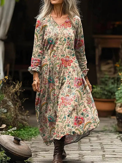 Vintage Floral Art Print V Neck Elegant Chic Loose Long Sleeve Midi Dress A / S