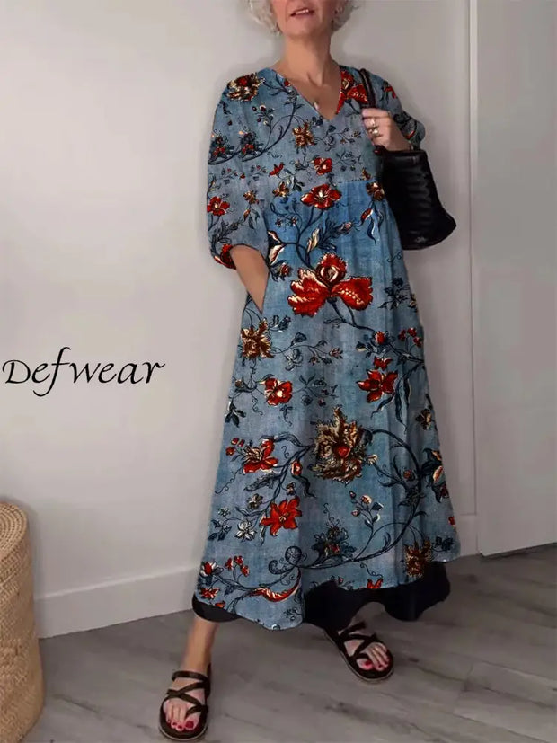 Vintage Floral Art Print V Neck Elegant Chic Loose Long Sleeve Midi Dress A / S