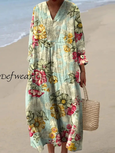 Vintage Floral Art Print V Neck Elegant Chic Loose Long Sleeve Midi Dress A / S