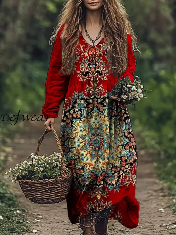 Vintage Floral Art Print V-Neck Elegant Chic Loose Long Sleeve Midi Dress A / S