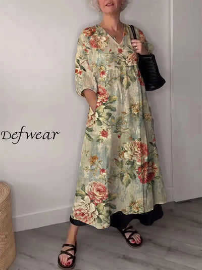 Vintage Floral Art Print V Neck Elegant Chic Loose Long Sleeve Midi Dress A / S