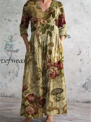 Vintage Floral Art Printed Chic V-Neck Three-Quarter Sleeve Elegant Midi Dress