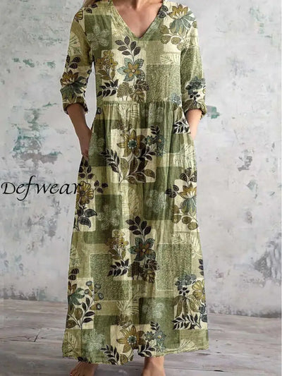 Vintage Floral Art Printed Chic V-Neck Three-Quarter Sleeve Elegant Midi Dress A / S