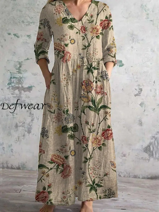 Vintage Floral Art Printed Chic V-Neck Three-Quarter Sleeve Elegant Midi Dress A / S