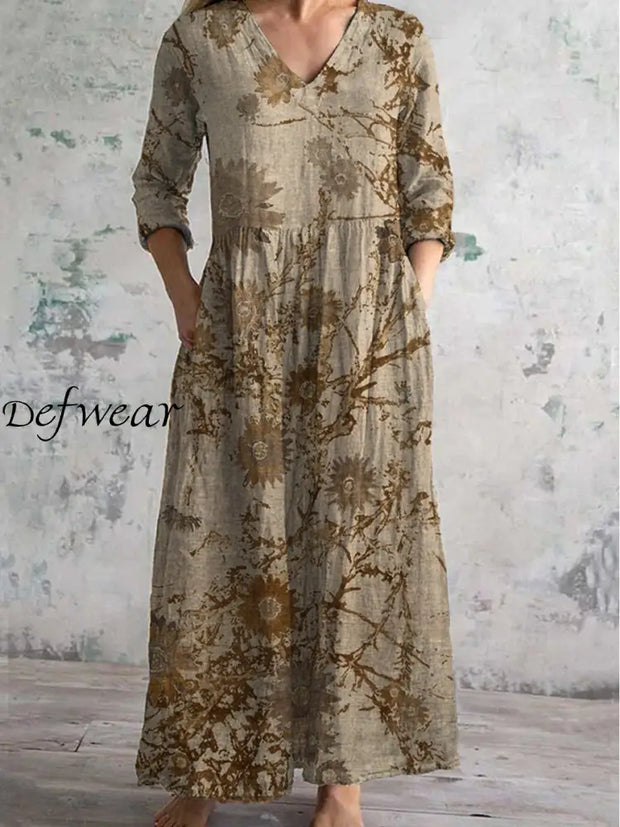 Vintage Floral Art Printed Chic V-Neck Three-Quarter Sleeve Elegant Midi Dress A / S