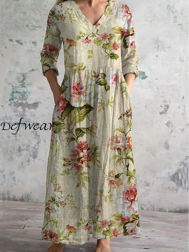 Vintage Floral Art Printed Chic V-Neck Three-Quarter Sleeve Elegant Midi Dress A / S