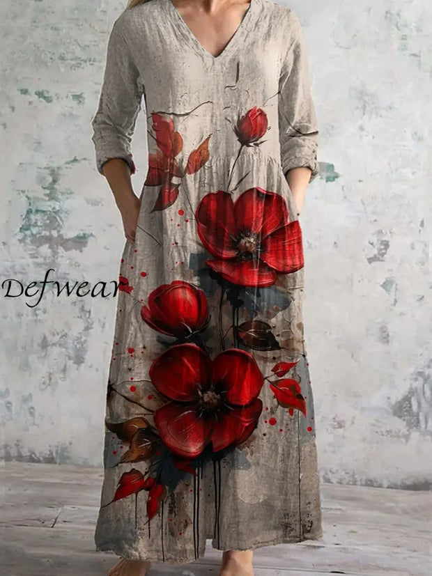 Vintage Floral Art Printed Chic V-Neck Three-Quarter Sleeve Elegant Midi Dress A / S