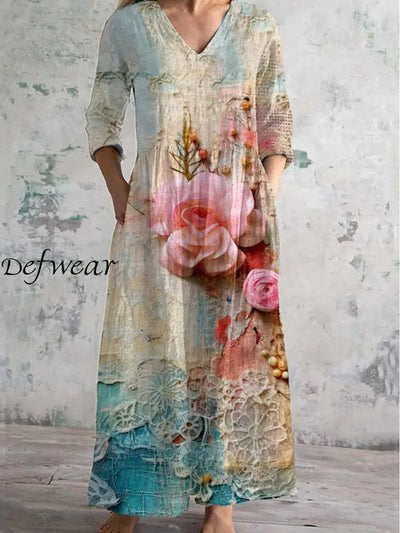 Vintage Floral Art Printed Chic V-Neck Three-Quarter Sleeve Elegant Midi Dress A / S