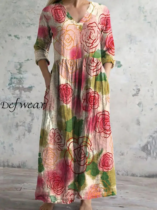 Vintage Floral Art Printed Chic V-Neck Three-Quarter Sleeve Elegant Midi Dress A / S