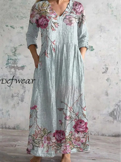 Vintage Floral Art Printed Chic V-Neck Three-Quarter Sleeve Elegant Midi Dress A / S