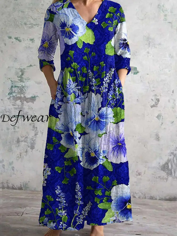 Vintage Floral Art Printed Chic V-Neck Three-Quarter Sleeve Elegant Midi Dress A / S