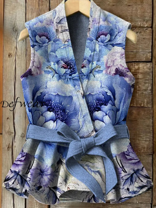 Vintage Floral Art Printed Elegant Strap Up V-Neck Thicked Knit Sleeveless Waistcoat A / S