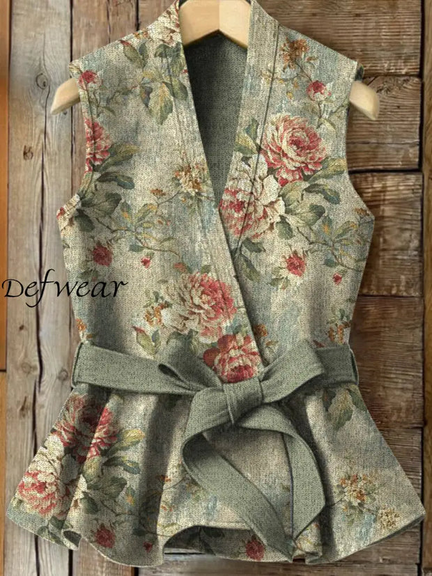 Vintage Floral Art Printed Elegant Strap Up V-Neck Thicked Knit Sleeveless Waistcoat A / S