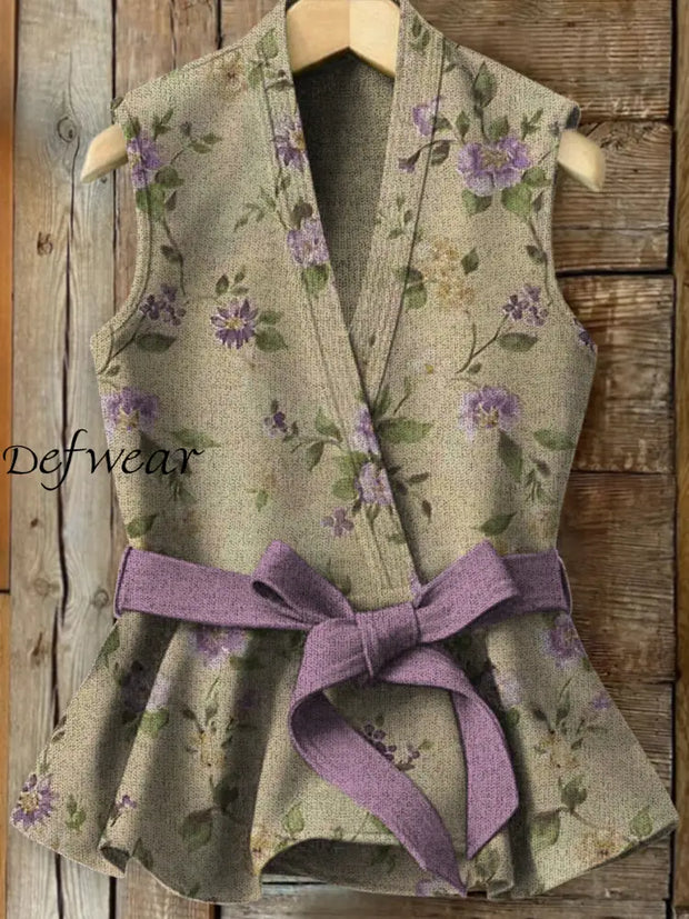 Vintage Floral Art Printed Elegant Strap Up V-Neck Thicked Knit Sleeveless Waistcoat A / S