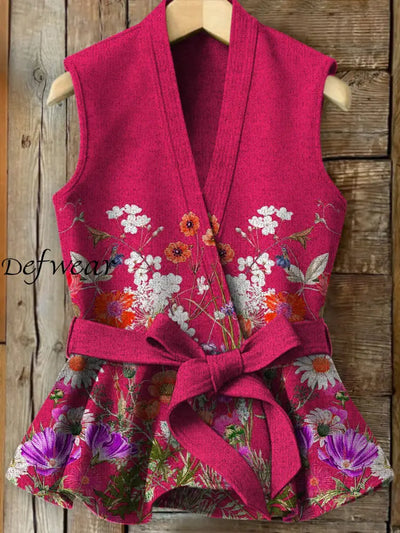 Vintage Floral Art Printed Elegant Strap Up V-Neck Thicked Knit Sleeveless Waistcoat A / S