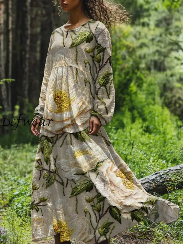 Vintage Floral Art Printed Round Neck Loose Long Sleeves Midi Dress Beige / S