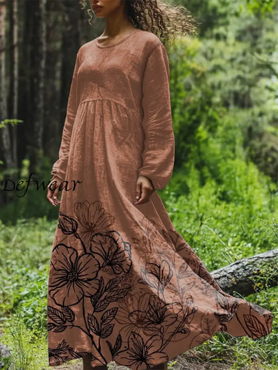 Vintage Floral Art Printed Round Neck Loose Long Sleeves Midi Dress Brown / S