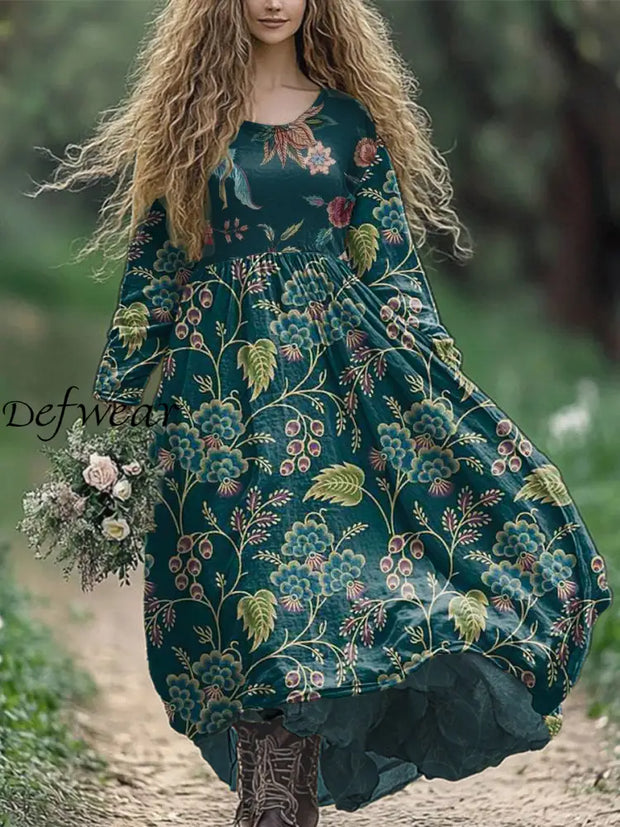 Vintage Floral Art Printed Round Neck Loose Long Sleeves Midi Dress Dark Green / S