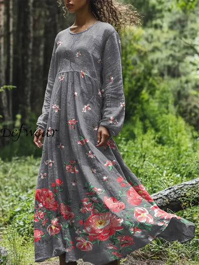 Vintage Floral Art Printed Round Neck Loose Long Sleeves Midi Dress Gray / S