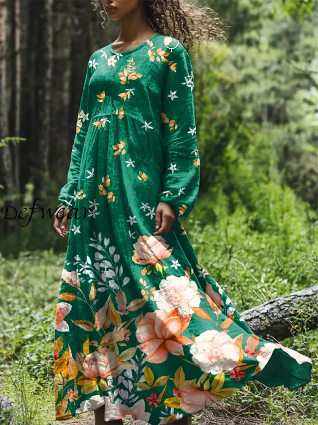 Vintage Floral Art Printed Round Neck Loose Long Sleeves Midi Dress Green / S