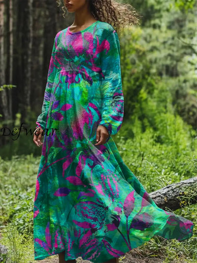 Vintage Floral Art Printed Round Neck Loose Long Sleeves Midi Dress Green / S