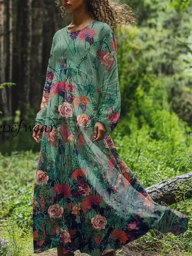 Vintage Floral Art Printed Round Neck Loose Long Sleeves Midi Dress Jade Green / S