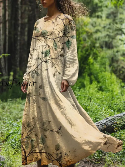 Vintage Floral Art Printed Round Neck Loose Long Sleeves Midi Dress Khaki / S