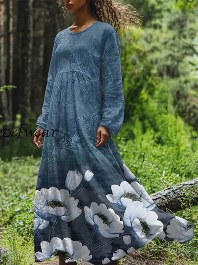 Vintage Floral Art Printed Round Neck Loose Long Sleeves Midi Dress Light Blue / S