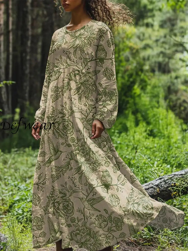 Vintage Floral Art Printed Round Neck Loose Long Sleeves Midi Dress Light Green / S