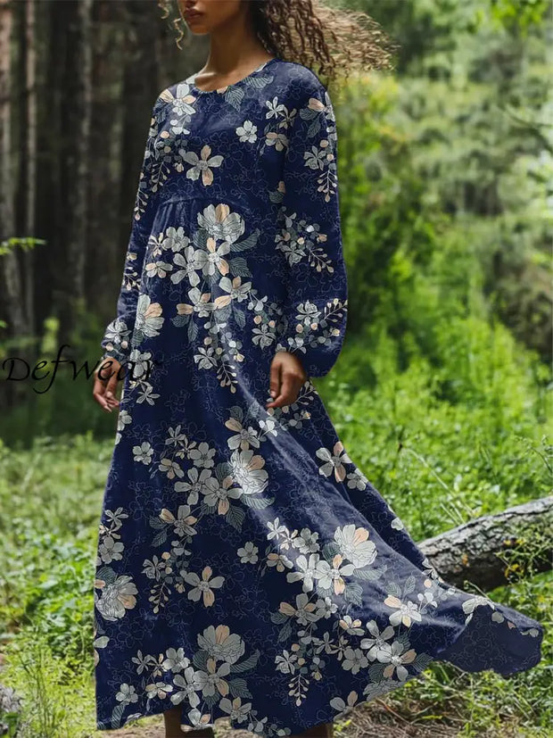 Vintage Floral Art Printed Round Neck Loose Long Sleeves Midi Dress Navy Blue / S