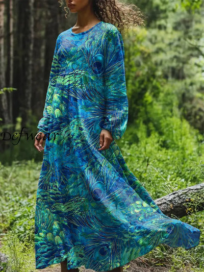 Vintage Floral Art Printed Round Neck Loose Long Sleeves Midi Dress Peacock Blue / S