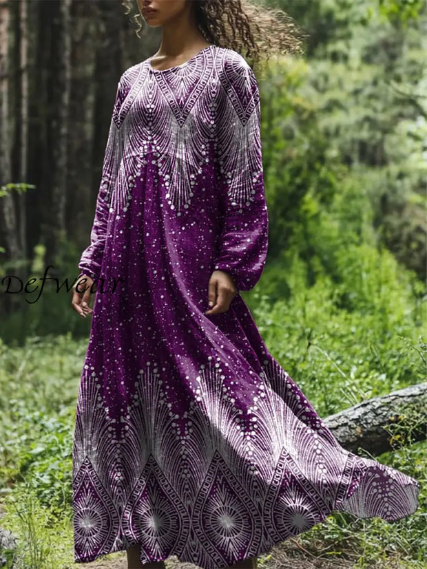 Vintage Floral Art Printed Round Neck Loose Long Sleeves Midi Dress Purple / S