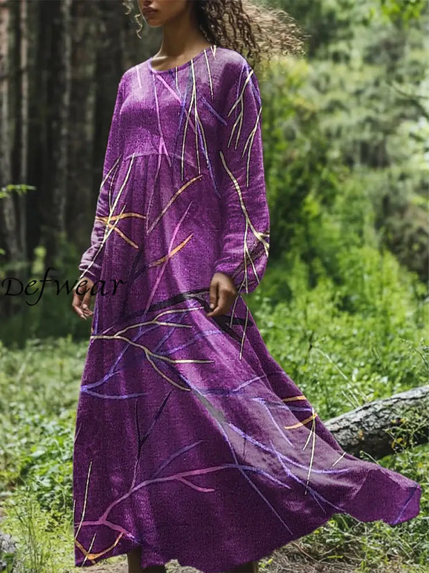 Vintage Floral Art Printed Round Neck Loose Long Sleeves Midi Dress Purple / S