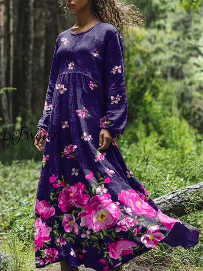 Vintage Floral Art Printed Round Neck Loose Long Sleeves Midi Dress Violet / S