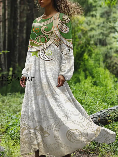 Vintage Floral Art Printed Round Neck Loose Long Sleeves Midi Dress White / S