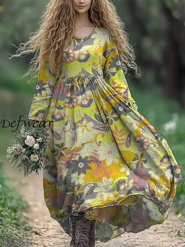 Vintage Floral Art Printed Round Neck Loose Long Sleeves Midi Dress Yellow / S